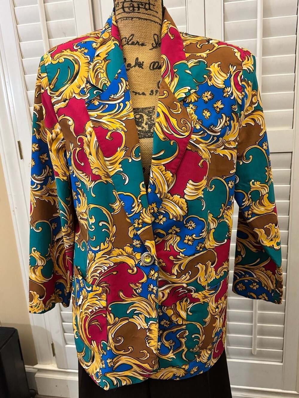 Vintage Baroque Print Blazer, Multicolor Maximalist Ornate Jacket, Size L